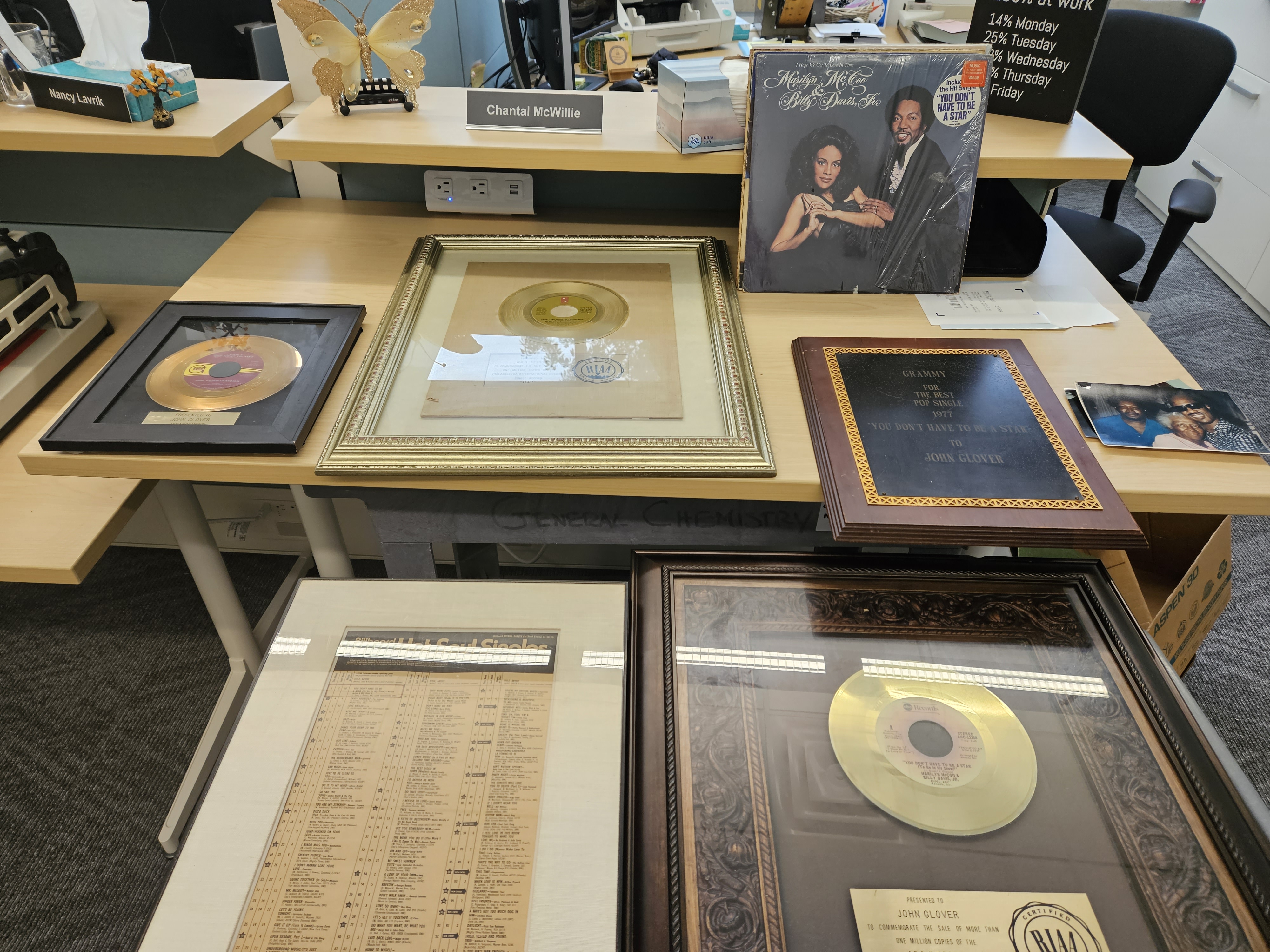 A few of the many music industry awards earned by Chantal's father, John Henry Glover, Jr. Visitors to Chantal's office in Chemistry 185 will soon be greeted by his Grammy hung on the wall.