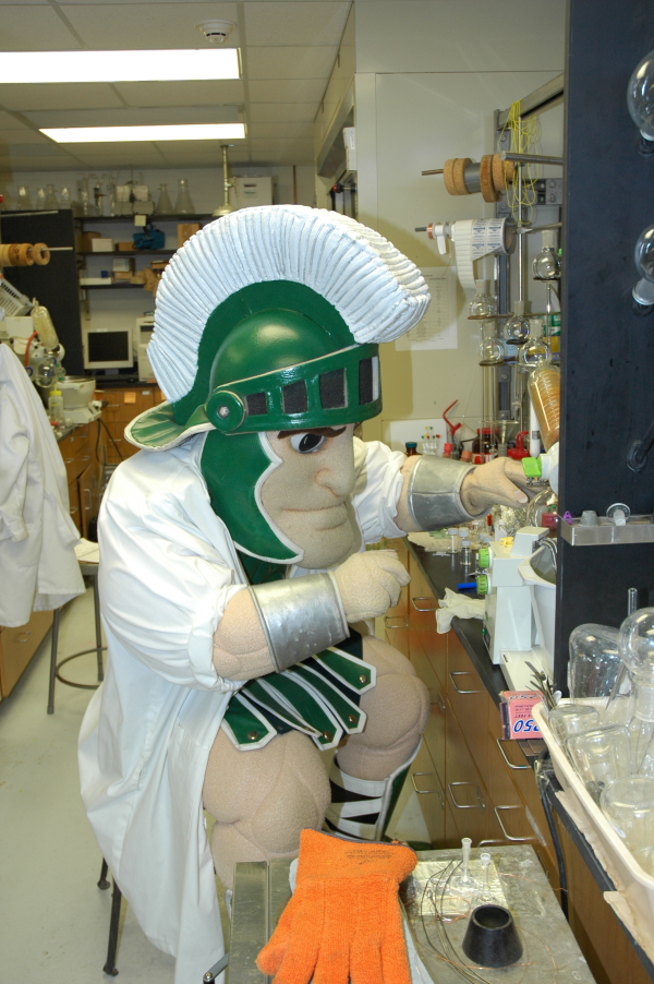 Sparty hard at work in the lab.