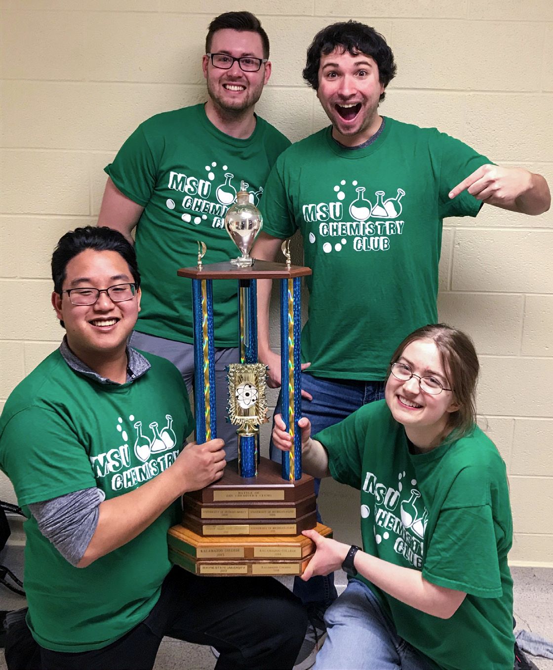Chemistry Club E-board members (l to r) Michael Schwanitz, Joseph Hendrian, Austin King (President), and Natasha Perry (Vice President) displayed their extensive chemistry knowledge and unrivaled teamwork to bring home the trophy for MSU.