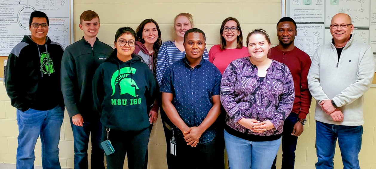 Professor Tepeâs group (l to r): Shafaat Mehedi, Taylor Fiolek, Konika Konika, Allison Vanecek, Sophia Staerz, Charles Anamoah, Katarina Keel, Grace Hubbell, Dare George, and Prof. Jetze Tepe.