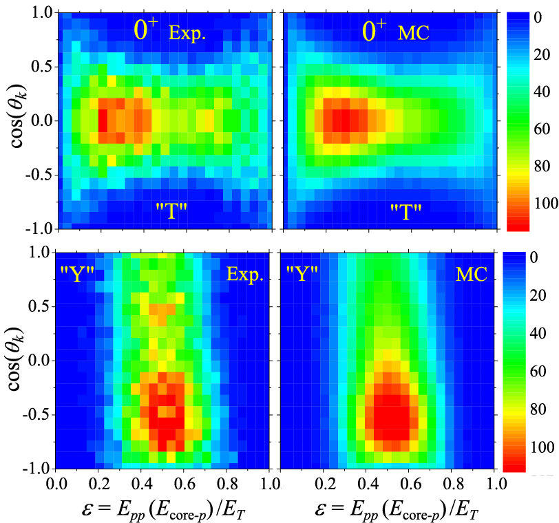 Energy-angular correlations for the two-proton decay of the ground state of 16Ne. The experimentally measured distributions (left) are compared to a three body model prediction adjusted for detector resolution (right).